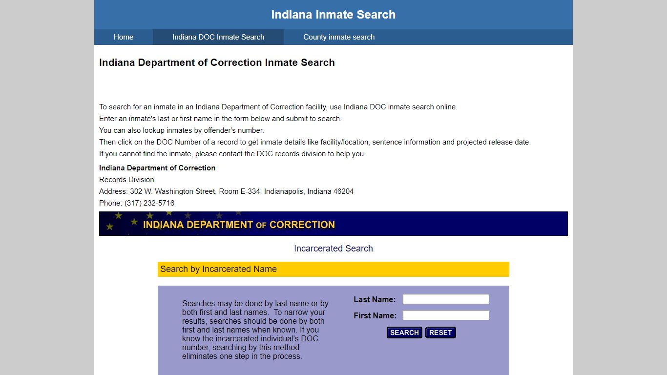 Indiana Department of Correction Inmate Search