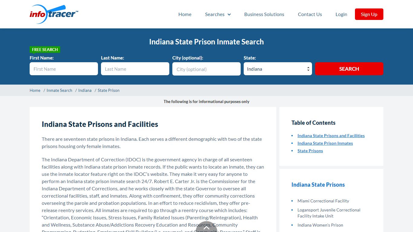 Indiana State Prisons Inmate Records Search - InfoTracer
